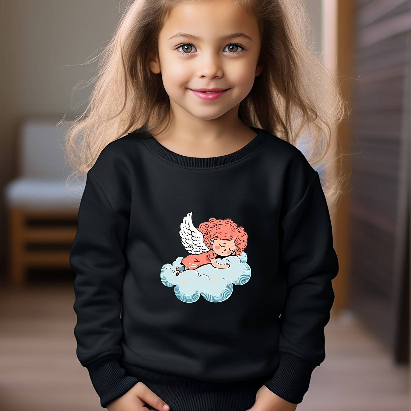 Angel Print Sweatshirt Girls Graphic Pullover for Kids Fall Winter