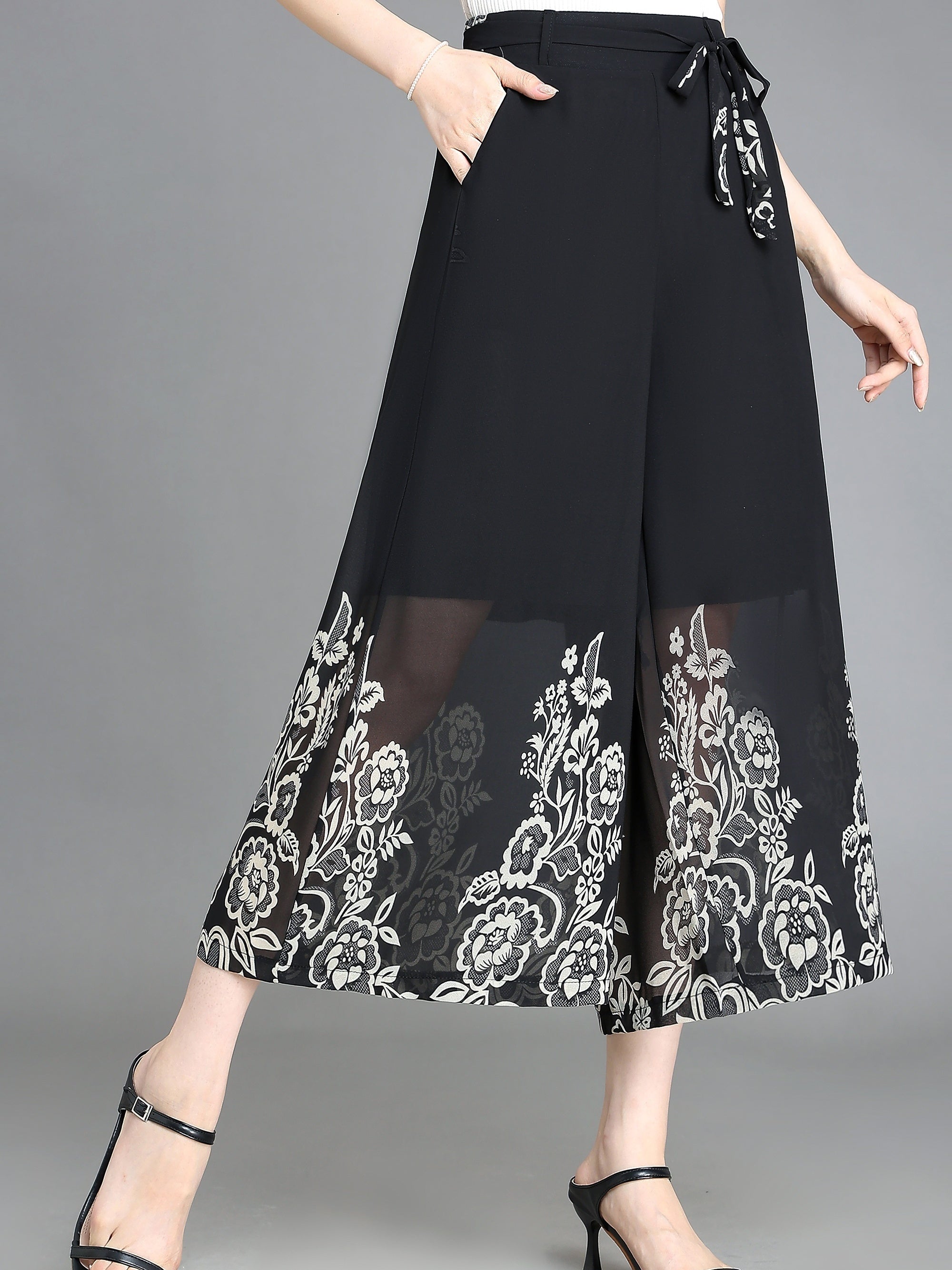 Floral Pattern Chiffon Cropped Wide Leg Pants Casual Belted Pants