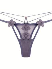 Floral Embroidery Thongs Double Ribbon Mesh Panties