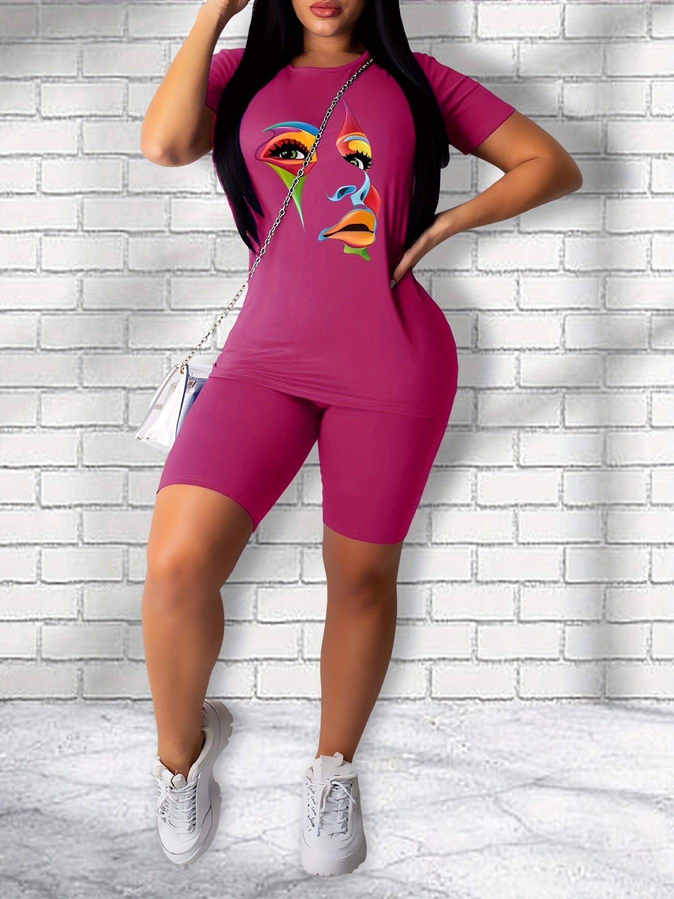 Abstract Face Print T shirt & Slim Shorts Set