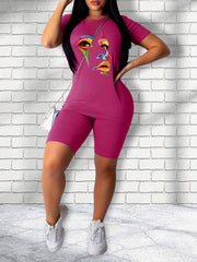 Abstract Face Print T shirt & Slim Shorts Set
