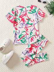 Girls Sports Suit Random Print Round Neck Short Sleeve Top And Pants Set