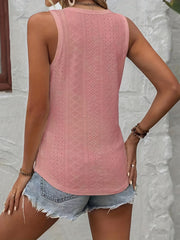 Eyelet Tank Top V Neck Button Decor Summer Sleeveless