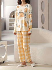 Lemon Print Pajamas Set Short Sleeve Crew Neck Top & Plaid Pants