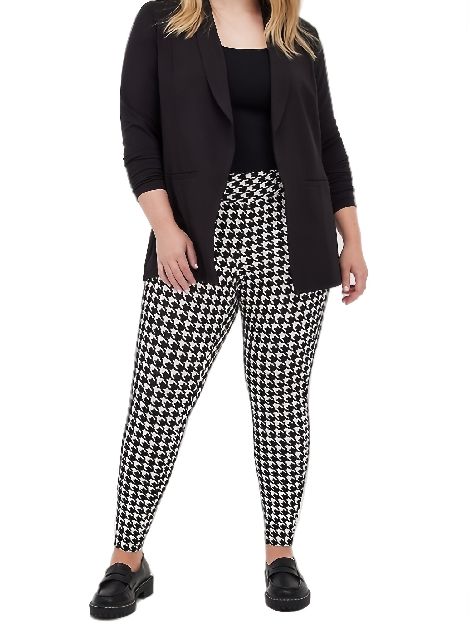 Houndstooth High Rise Wide Waist Band Stretch Leggings