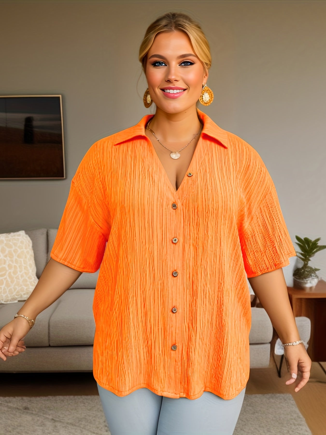 Blouse Women's Ribbed Short Sleeve Button Up Shirt