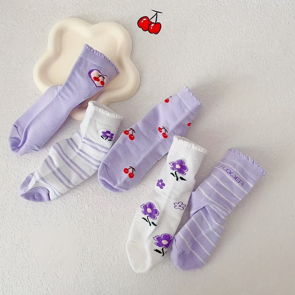 5 Pairs Girls Kids Cartoon Socks Breathable Comfy Children's Socks