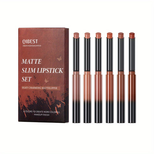 6Pcs Waterproof Lip Liner & Lipstick Set Kit Chestnut Nude Dark Brown Matte Red