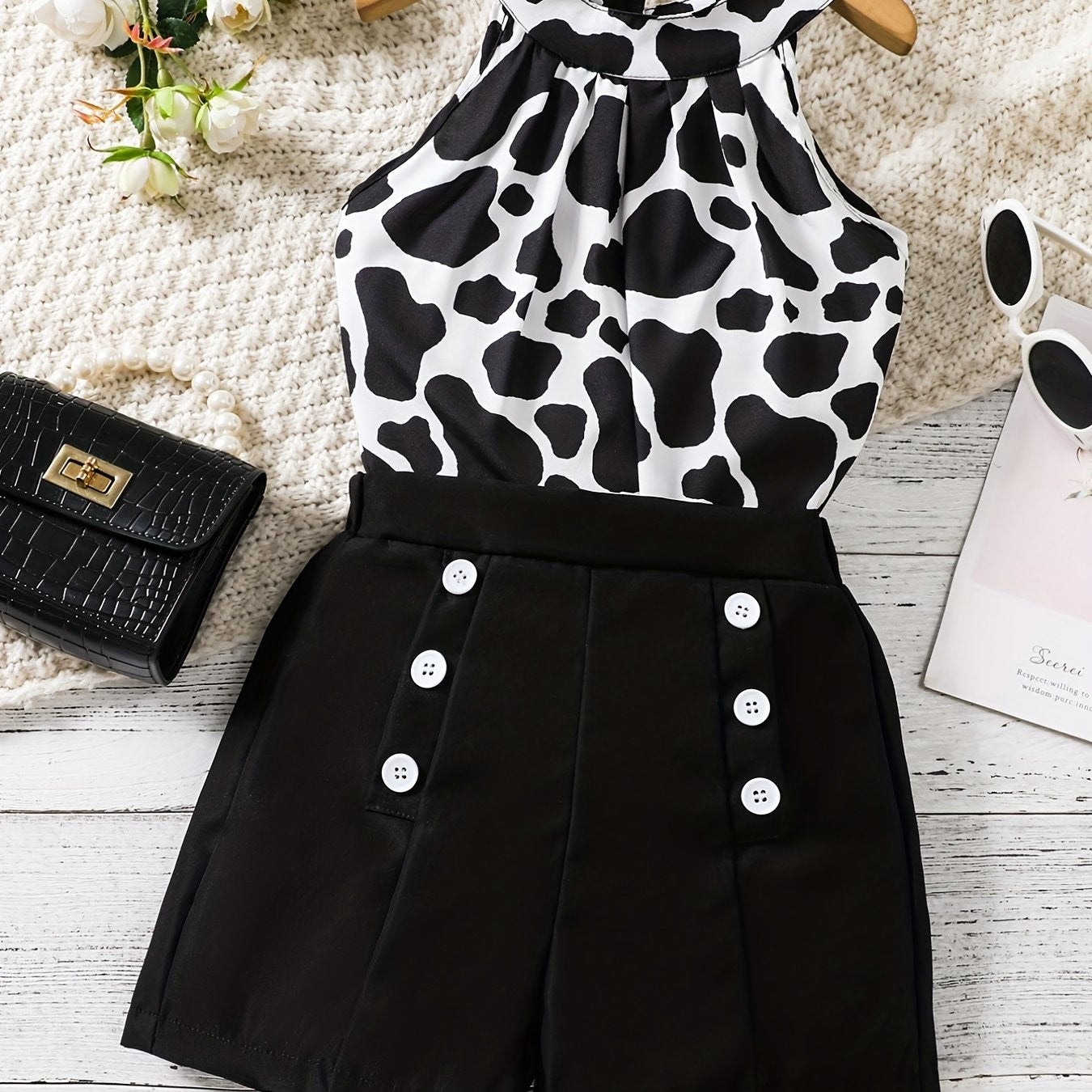 2pcs Toddler Girls Cow Graphic Halter Top & Double Breasted Shorts Set