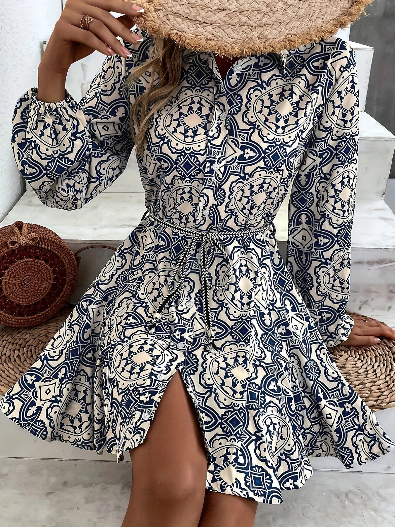 Ethnic Floral Print Dress Casual Button Front Long Sleeve Dress Women's Clothing