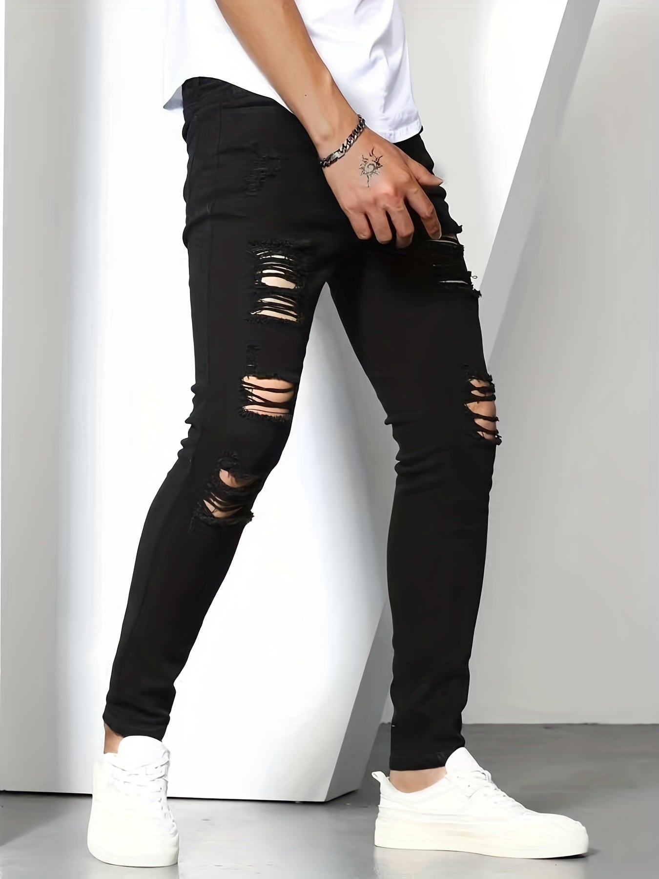 Slim Fit Ripped Jeans Mens Casual Street Style Stretch Denim Pants