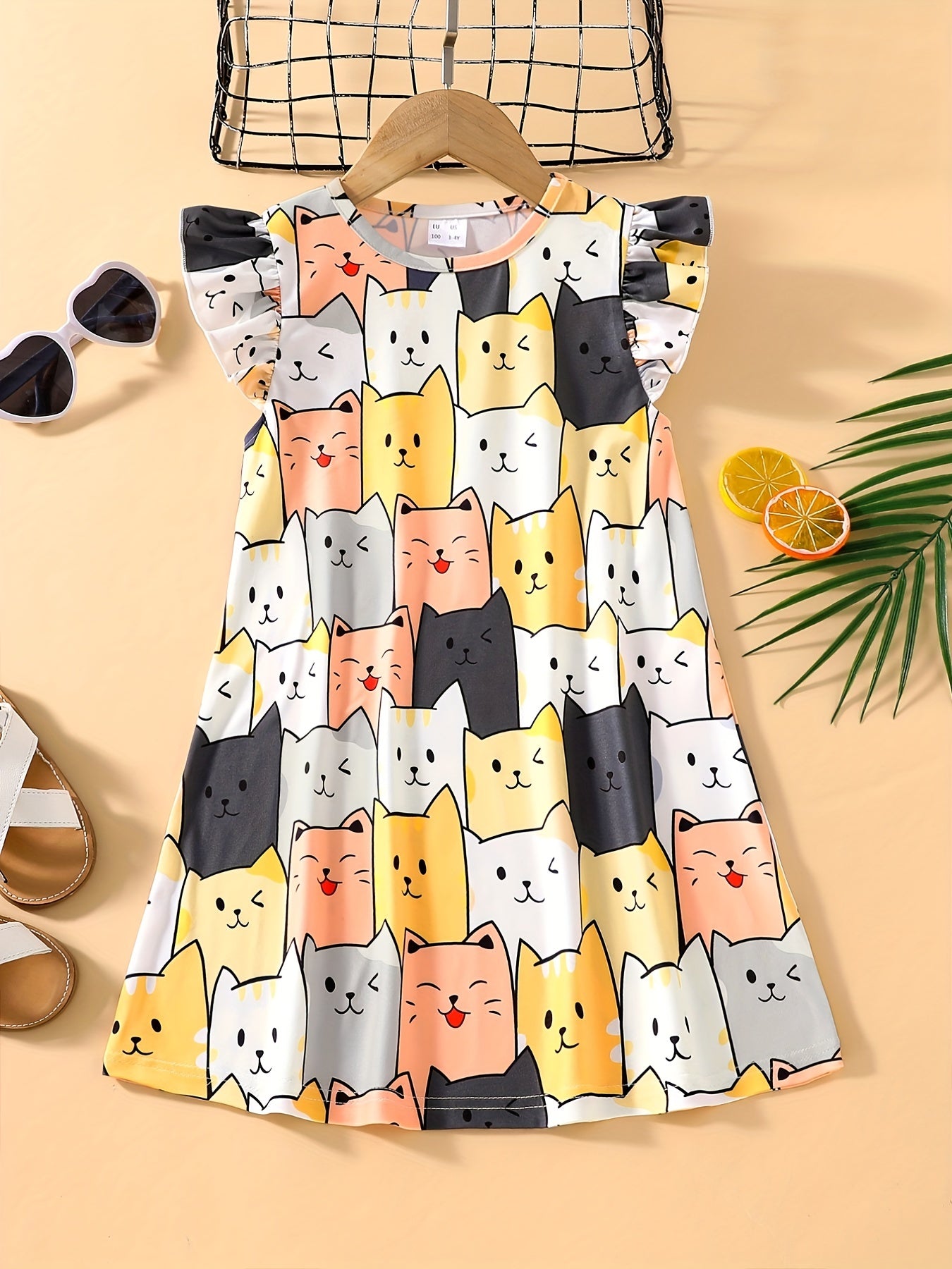Girls Cartoon Cat Sleeveless Dress for Summer Holiday