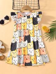 Girls Cartoon Cat Sleeveless Dress for Summer Holiday