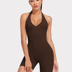 Women's Halter Neck Workout Bodysuit Sleeveless Tank Short Yoga Running