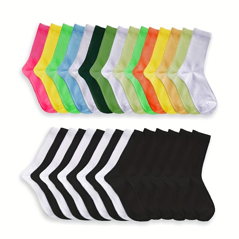 30 Pairs Women's Solid Crew Socks Comfy Breathable Mid Tube Stockings