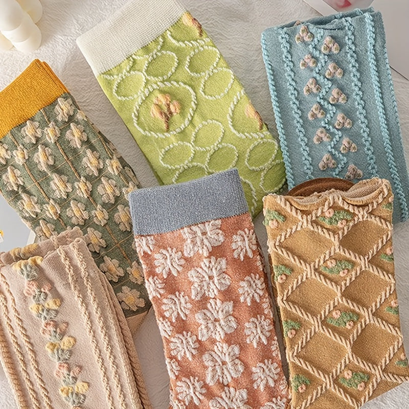 6 Pairs 3D Floral Textured Socks Retro Style Mid Tube Women's Stockings