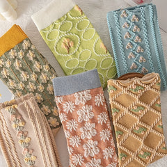 6 Pairs 3D Floral Textured Socks Retro Style Mid Tube Women's Stockings