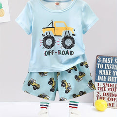 Boys Cartoon Truck Print Pajama Set Crew Neck Short Sleeve Top & Shorts