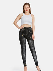 Denim Print High Waisted Leggings Casual Skinny Leggings
