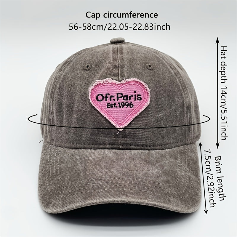 Paris Embroidery Baseball Cap Gray Heart Patch Distressed Dad Hat