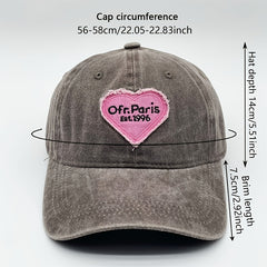Paris Embroidery Baseball Cap Gray Heart Patch Distressed Dad Hat