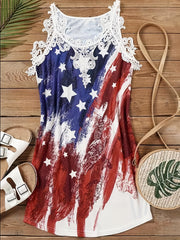 American Flag Print Dress Contrast Lace Sleeveless
