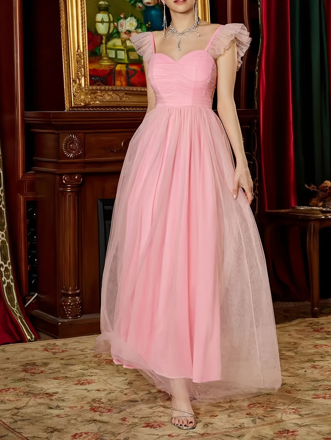 Mesh Ruffle Trim Maxi Bridesmaid Cami Dress