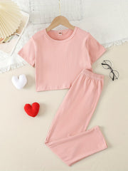 Girls 2pcs Outfits Solid Stripe Print T Shirt & Long Pants