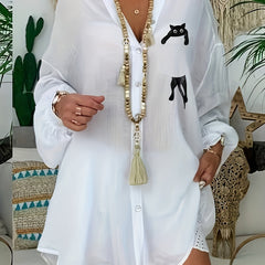 Cat Print Button Up Collar Tunic Top
