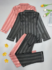 Striped Satin Pajama Set Long Sleeve Top & Pants Women's Sleepwear