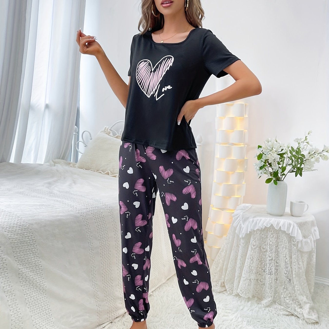 Heart Print Pajama Set Short Sleeve Crew Neck Top & Elastic Waistband Pants