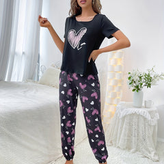 Heart Print Pajama Set Short Sleeve Crew Neck Top & Elastic Waistband Pants