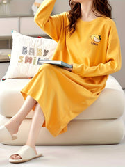 Cartoon Print Lounge Dress Soft Crew Neck Long Sleeve Loose Home Dress