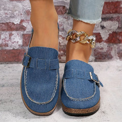 Women's Denim Cork Mules Closed Toe Canvas Flat Shoes