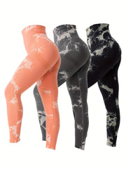 3 Pcs Tie Dye Slimming Yoga Sports Leggings Tummy Control Fitness Workout Tights