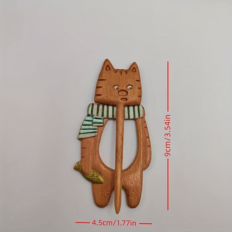 Wooden Cat Wearing Scarf Pin - Animal Pattern Pin For Girls