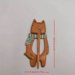 Wooden Cat Wearing Scarf Pin - Animal Pattern Pin For Girls