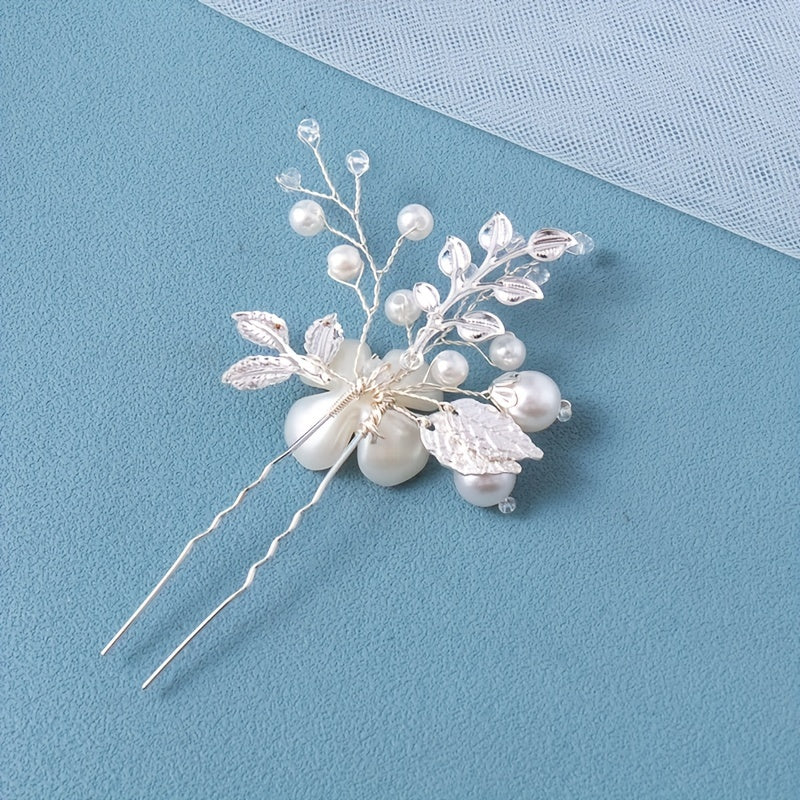 2pcs Leaf Faux Pearl Crystal Hairpin for Wedding Bridal Hair Access