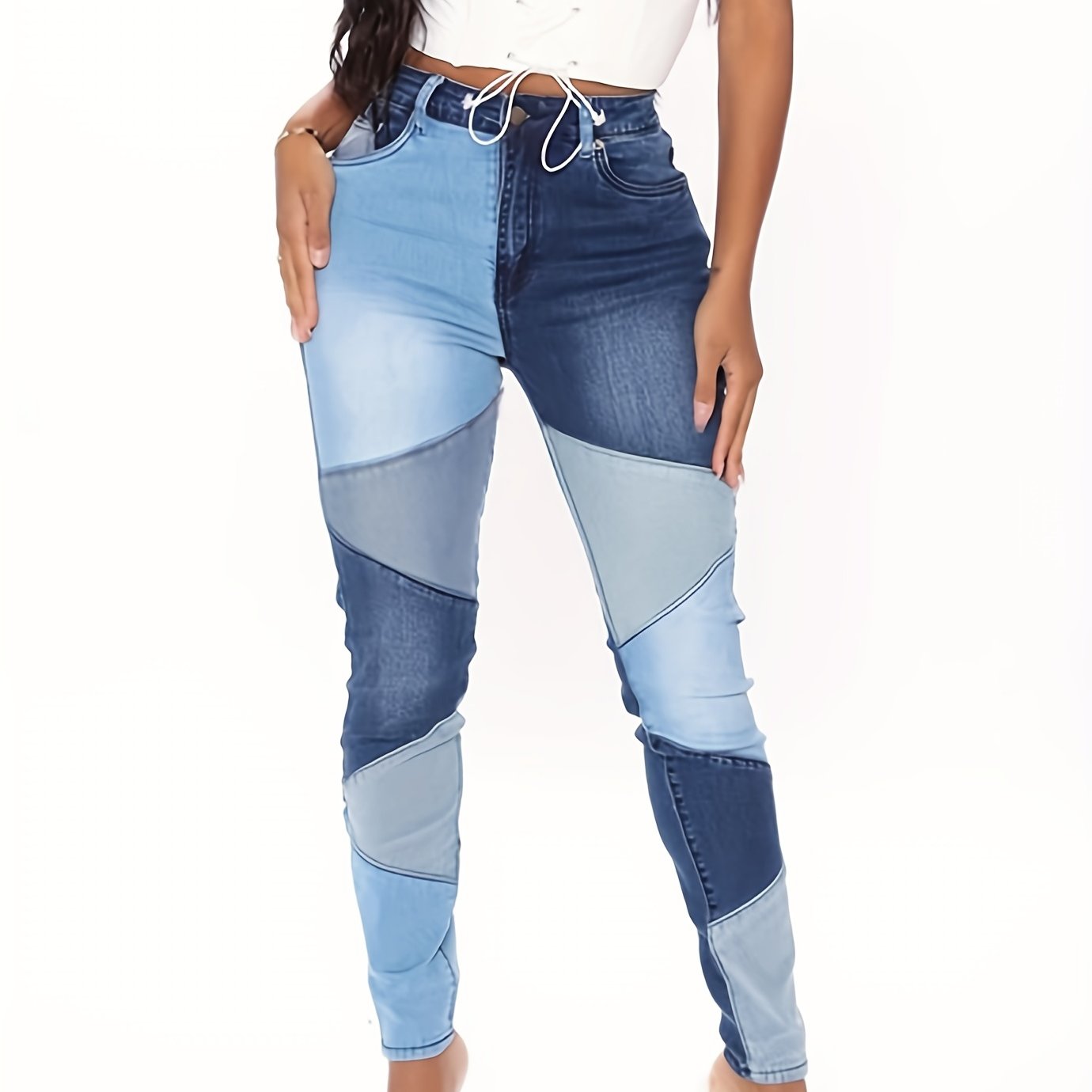 Colorblock Skinny Jeans High Rise Stretch Denim