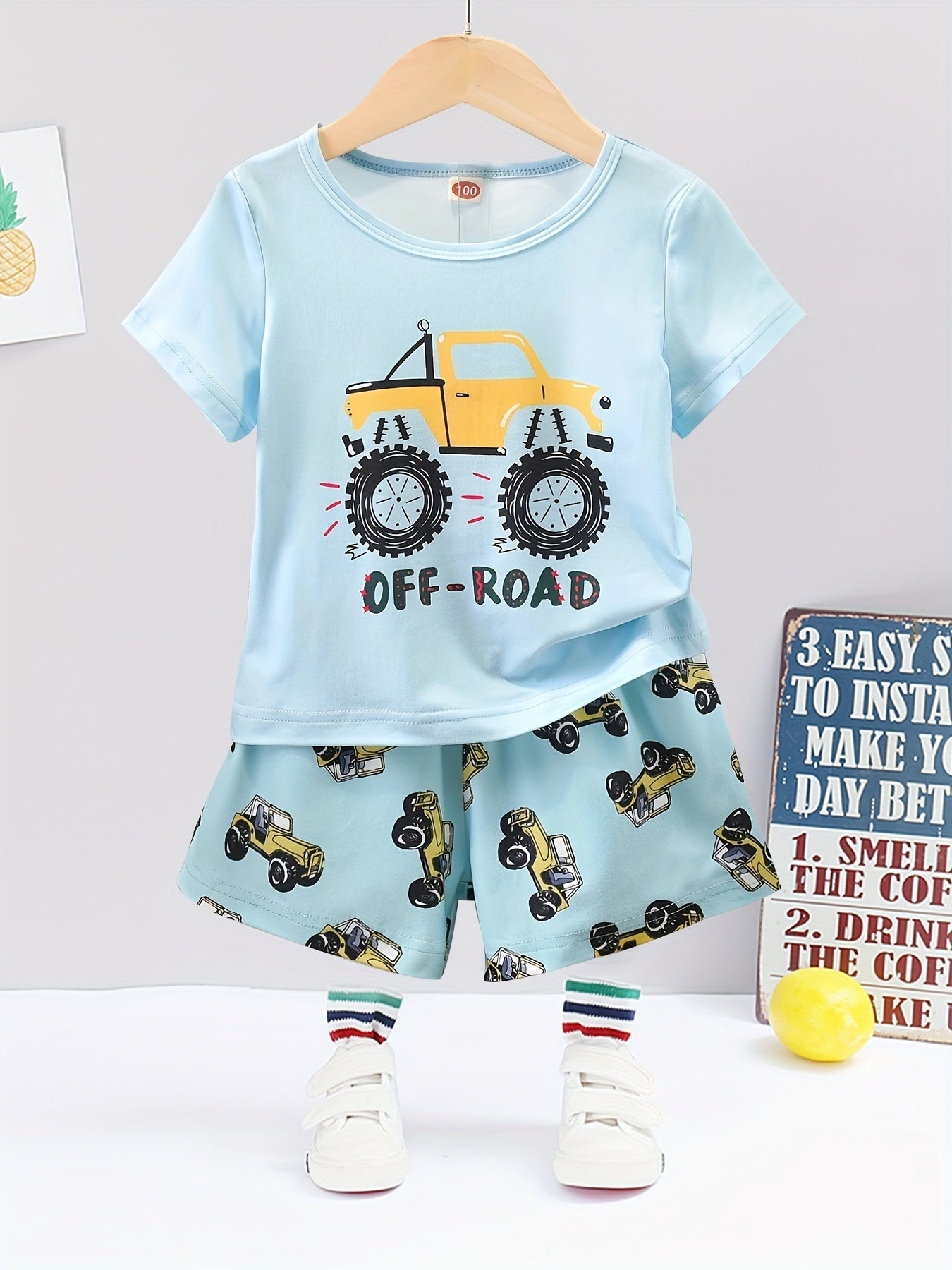 Boys Cartoon Truck Print Pajama Set Crew Neck Short Sleeve Top & Shorts