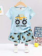 Boys Cartoon Truck Print Pajama Set Crew Neck Short Sleeve Top & Shorts