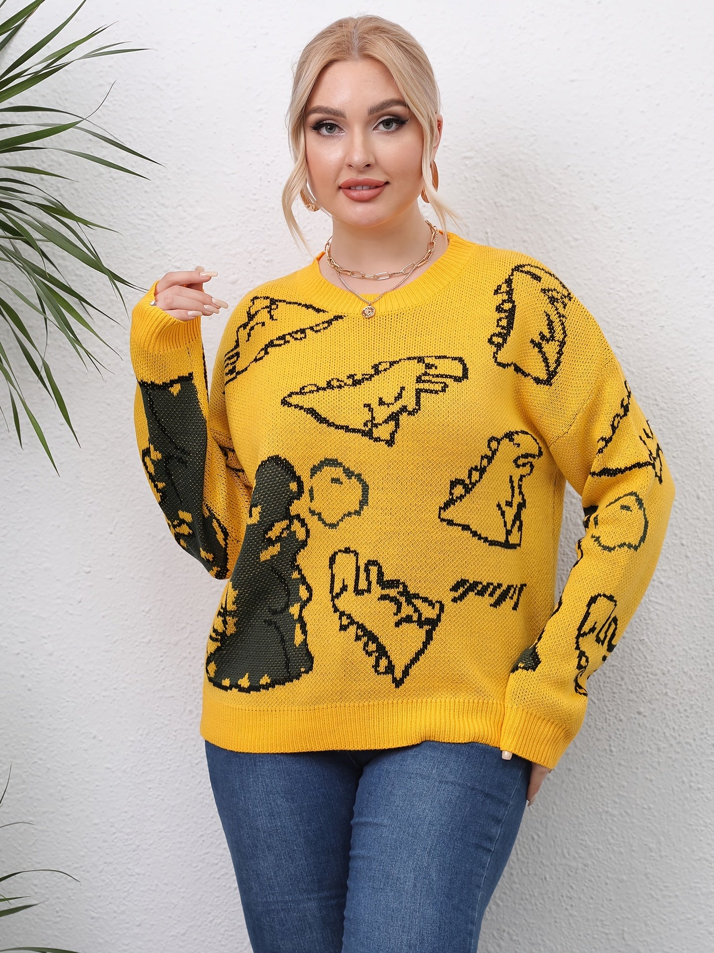 Dinosaur Jacquard Sweater Women's Plus Pullover