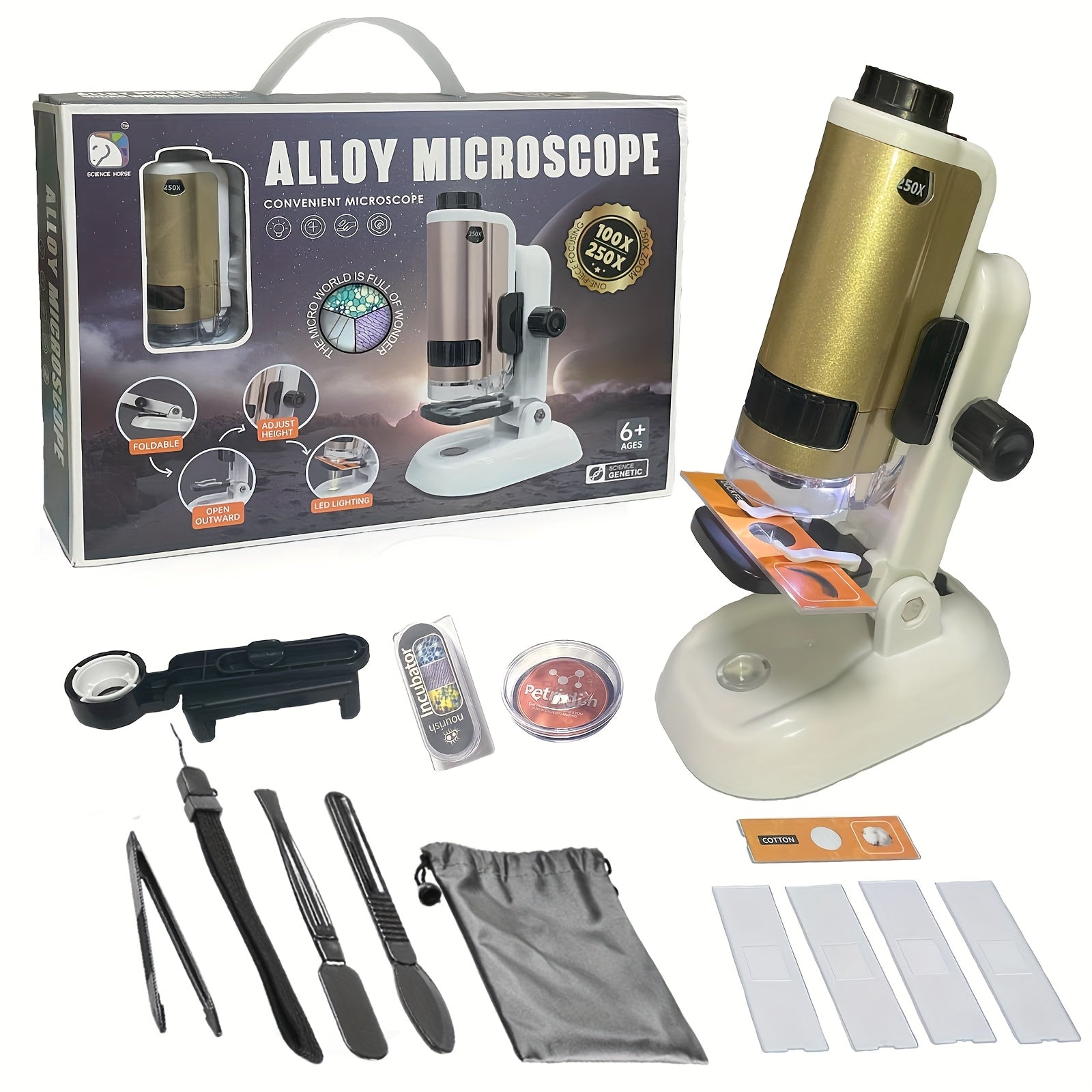 Science Horse 16pcs Portable Microscope Kit with 250x Magnification