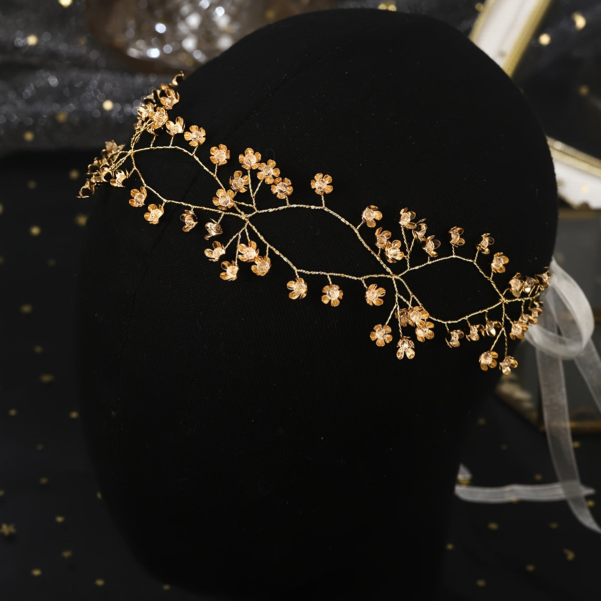Golden Metal Flower Headband with Crystals