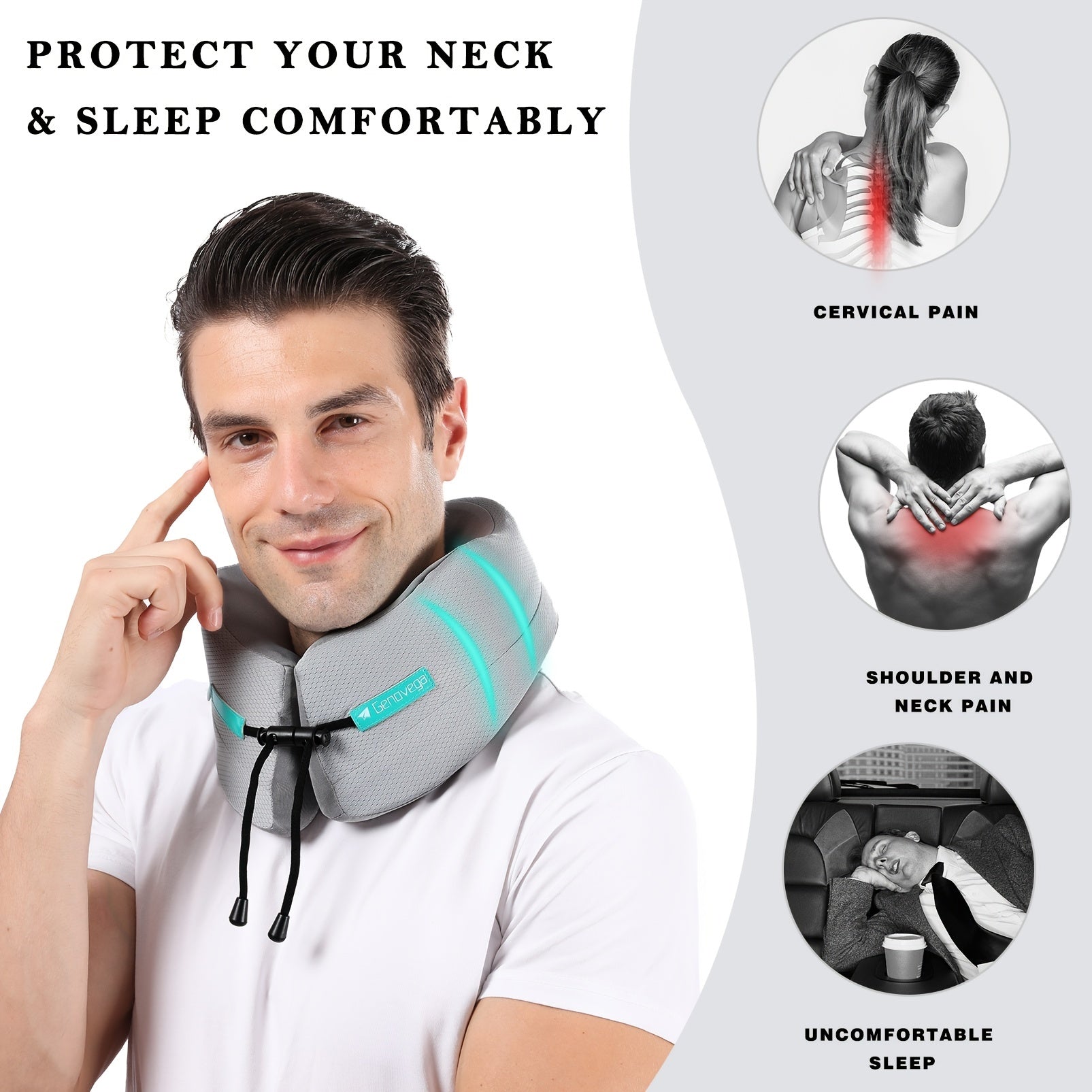Adjustable Memory Foam Neck Pillow for Travel with Washable Cover
