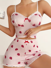 Strawberry Print V Neck Cami Top & Lace Trim Shorts Pajama Set