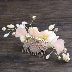 Pink Silk Flower & Shell Hair Comb, Bridal Jewelry