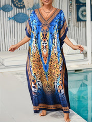 Boho Kaftan Dress Leopard Print V Neck Maxi Beachwear Dress