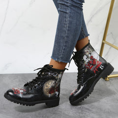 Rabbit & Figure Graphic Lace Up Combat Boots Women's Ankle Boots