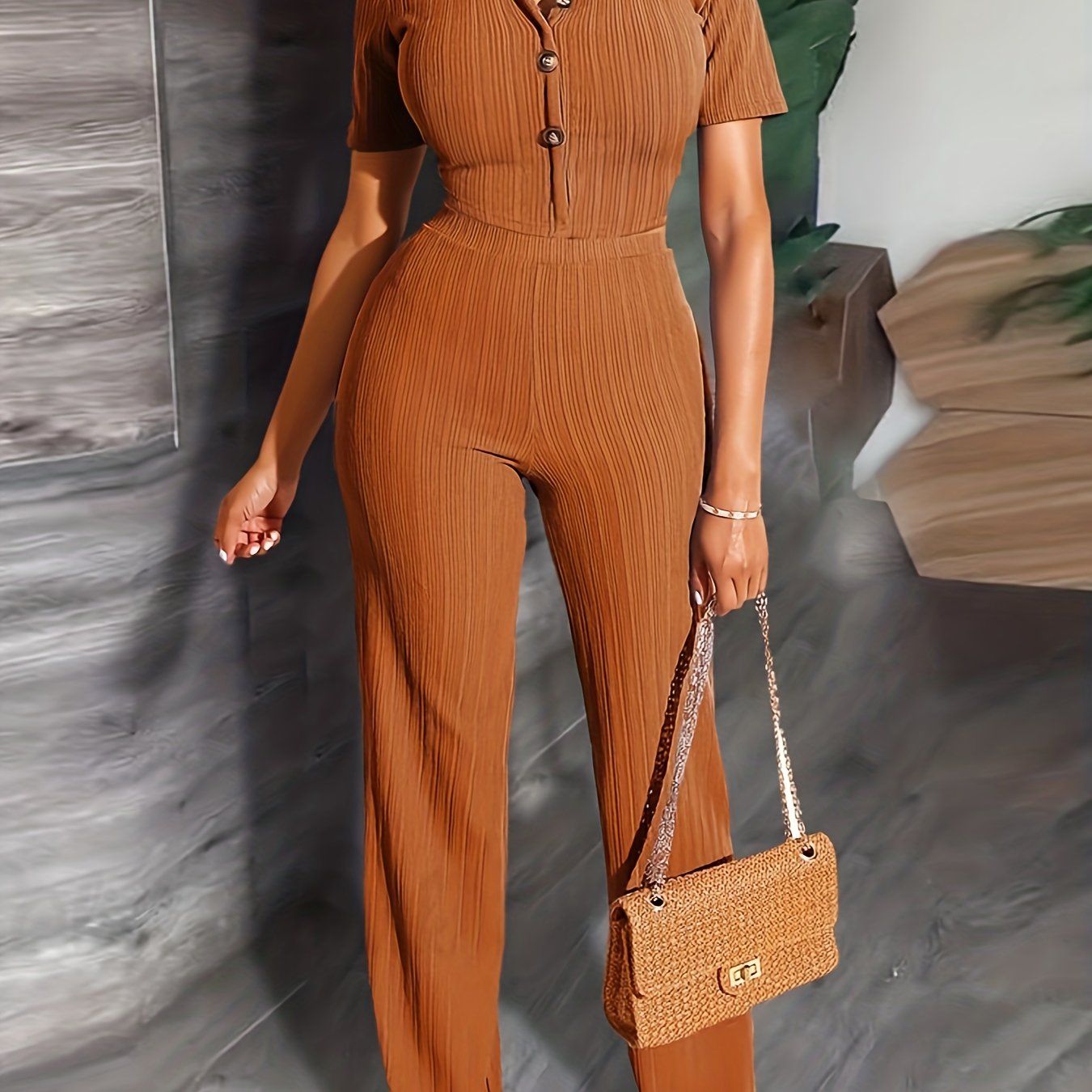 Plus Ribbed Short Sleeve Button Crop Shirt & Pants Outfit